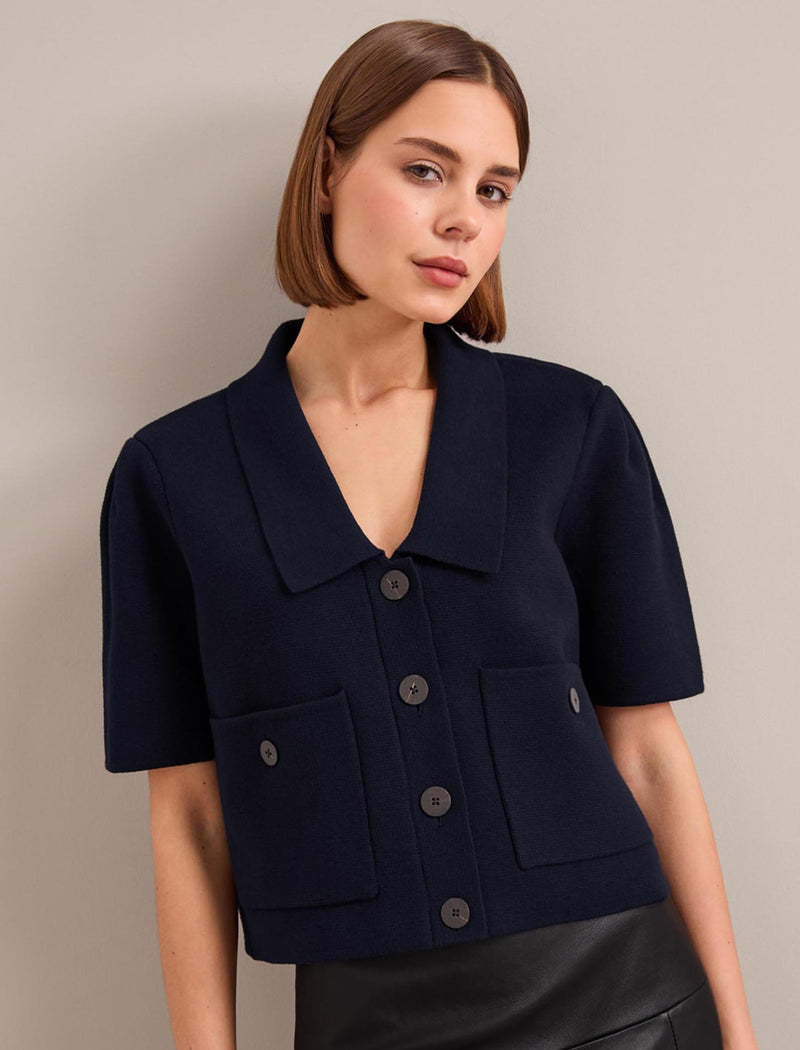 Julia Cotton Blend Knit Jacket - Navy