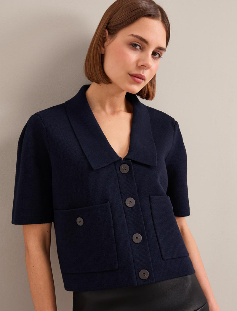 Julia Cotton Blend Knit Jacket - Navy