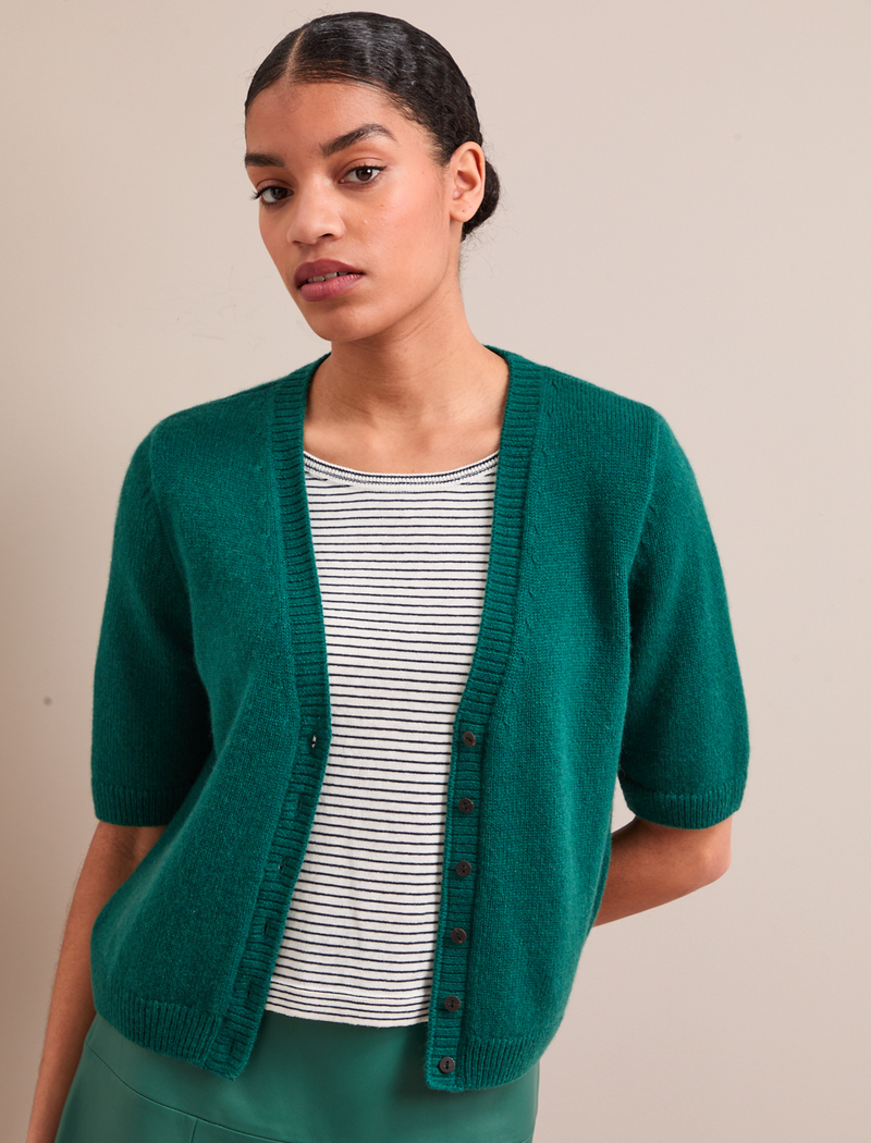 Clara Cashmere Short Sleeve Cardigan - Mid Green