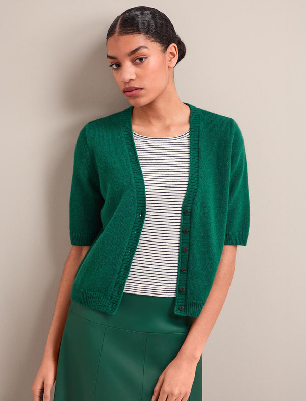 Clara Cashmere Short Sleeve Cardigan - Mid Green