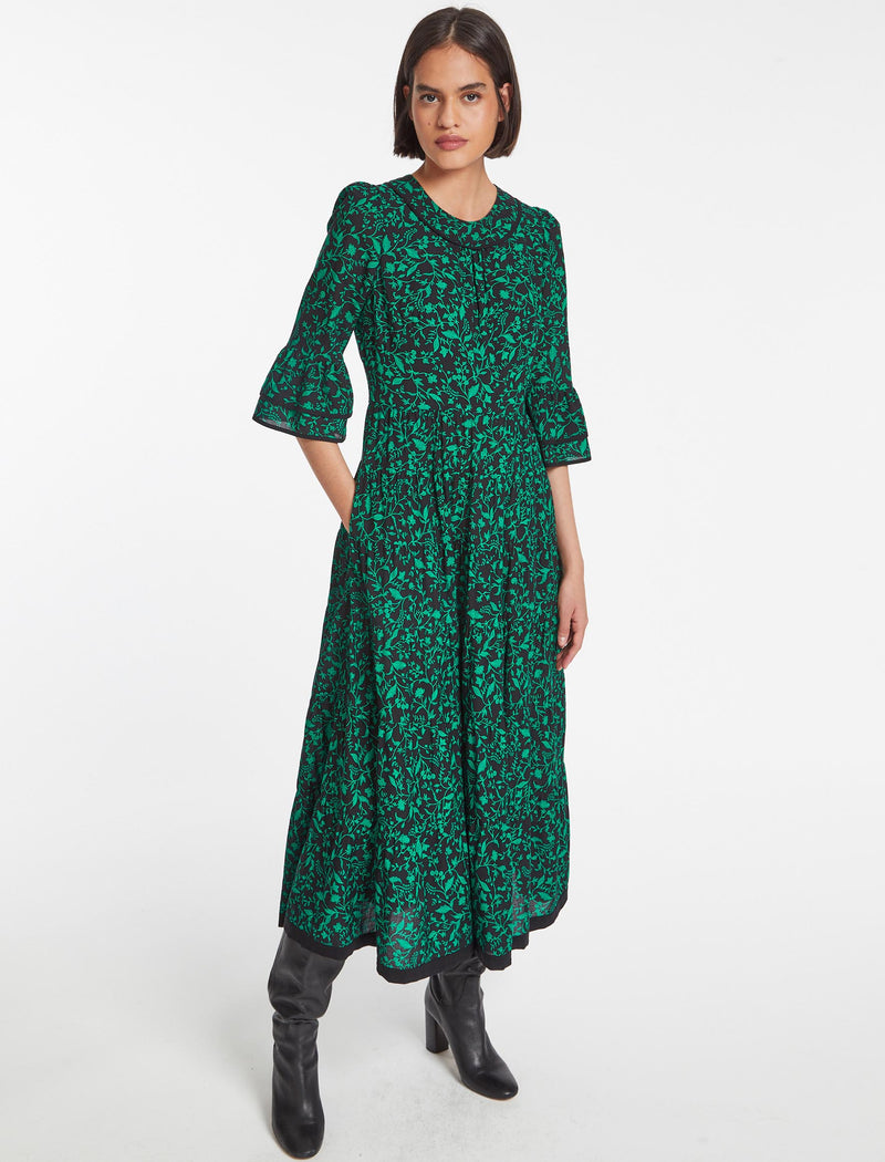 Elodie Cotton Voile Maxi Dress with Tiered Skirt - Green Bramble Print