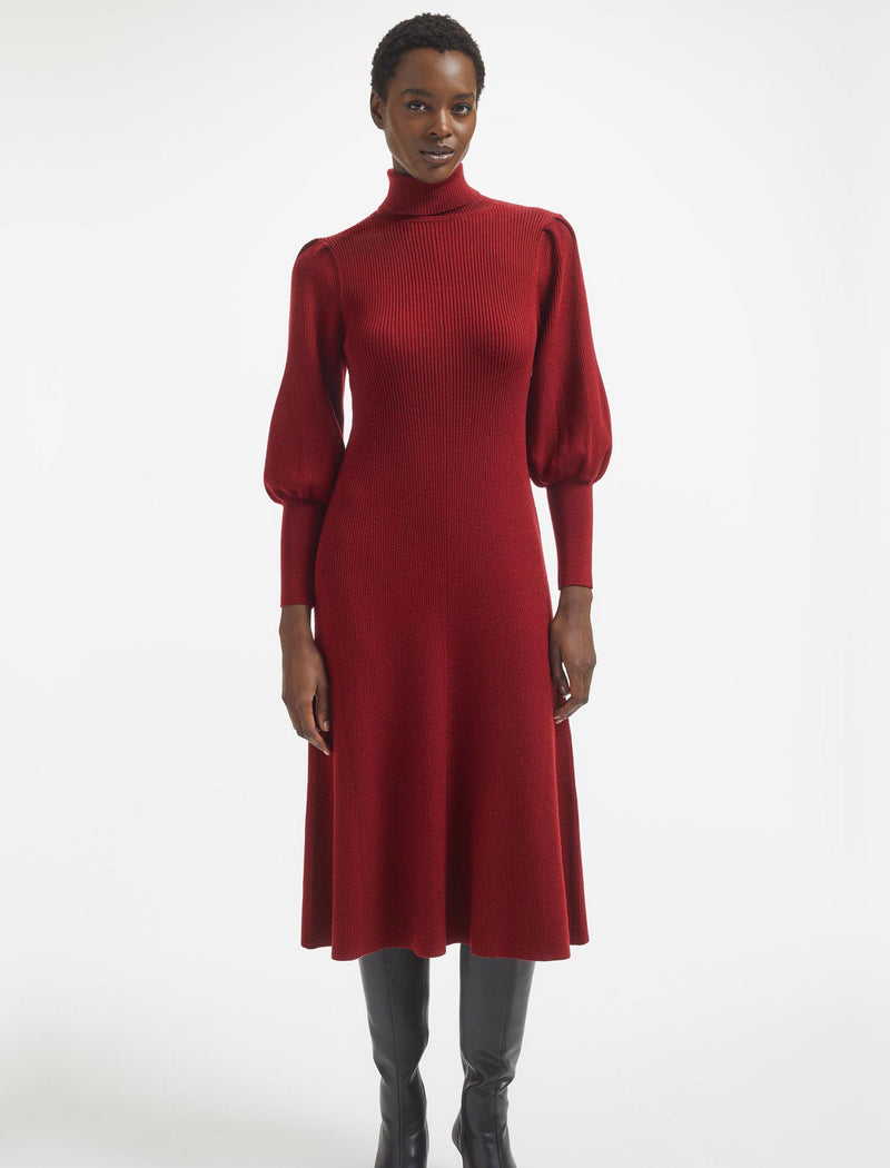 Eva Merino Wool Roll Neck Dress - Dark Red