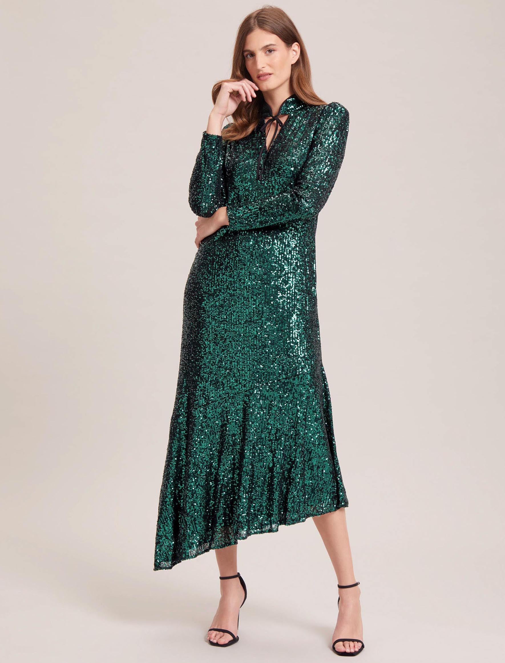 Jacquetta Sequin V Neck Maxi Dress with Neck Tie Detail Dark Green