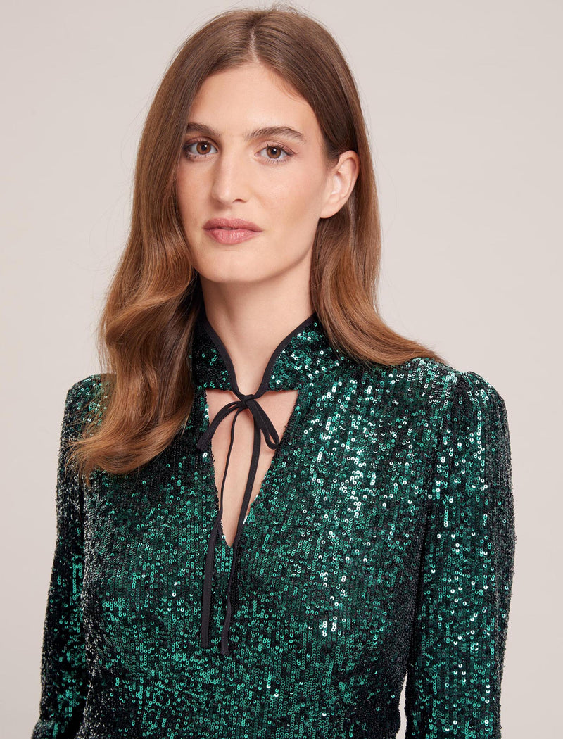Jacquetta Sequin V Neck Maxi Dress with Neck Tie Detail - Dark Green