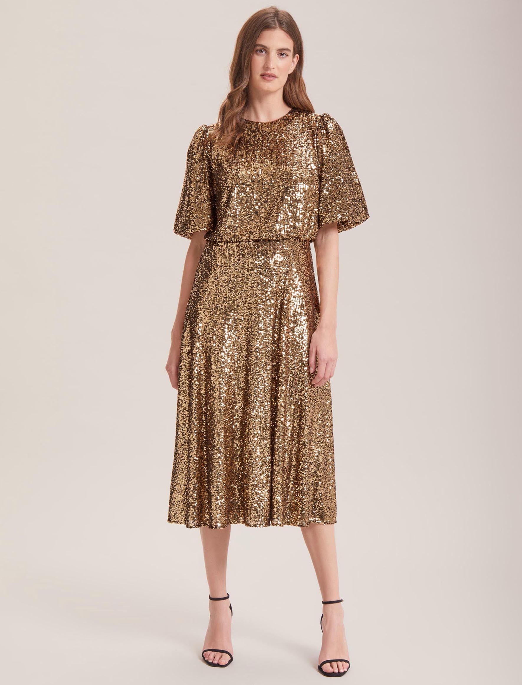 Marnie Sequin Midi Dress with Elasticated Waist Gold