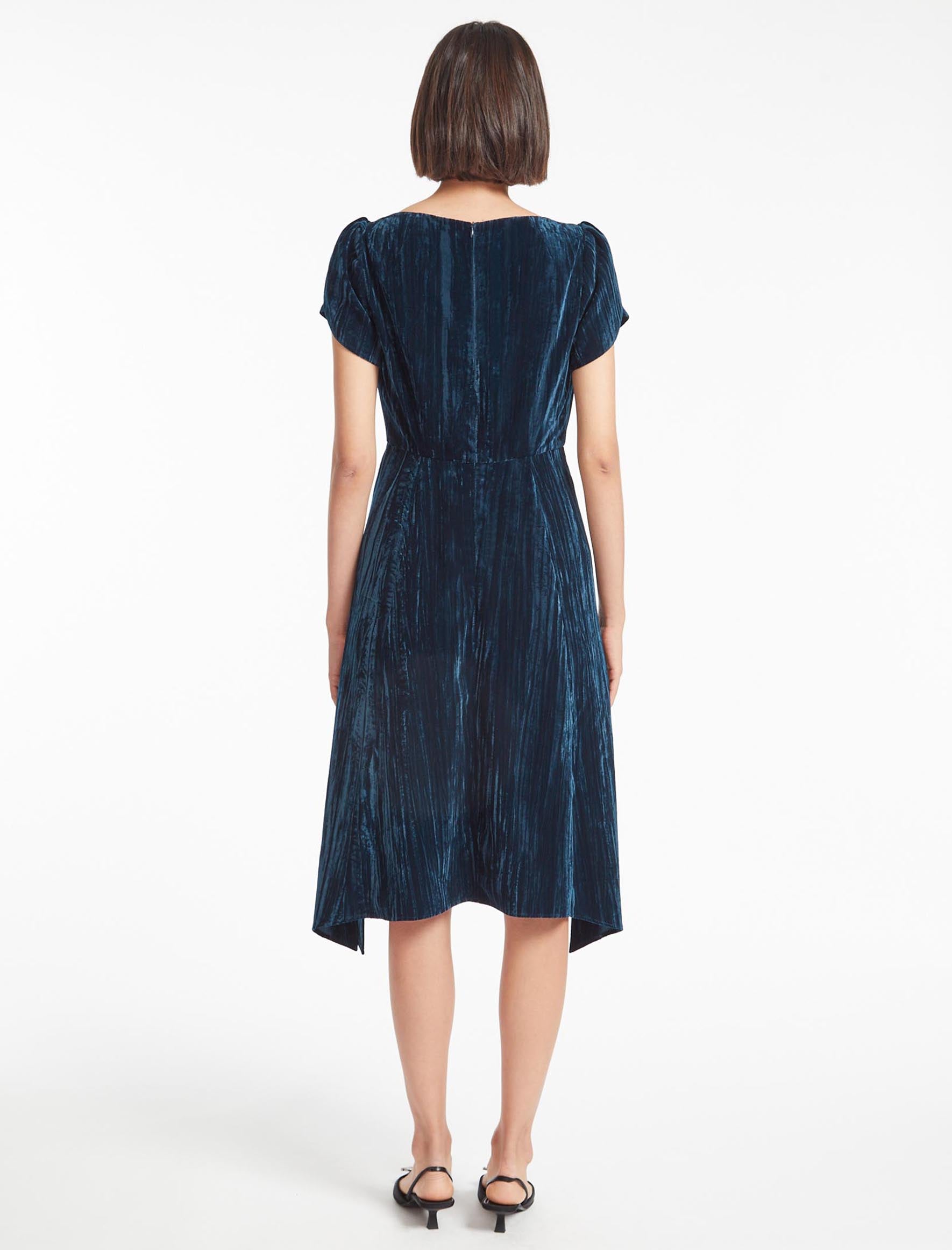 Emily Plisse Velvet Midi Dress with Tulip Sleeve Dark Blue