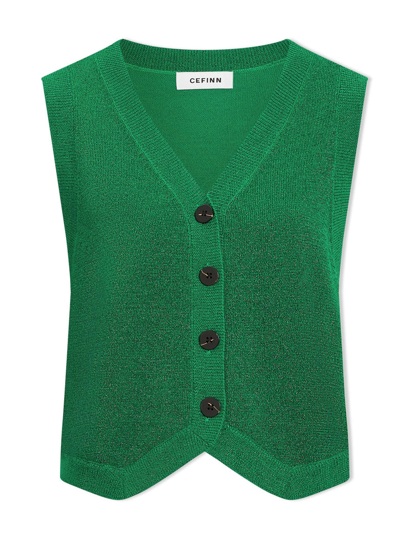 Wesley Lurex V Neck Sleeveless Button Through Waistcoat Emerald Green