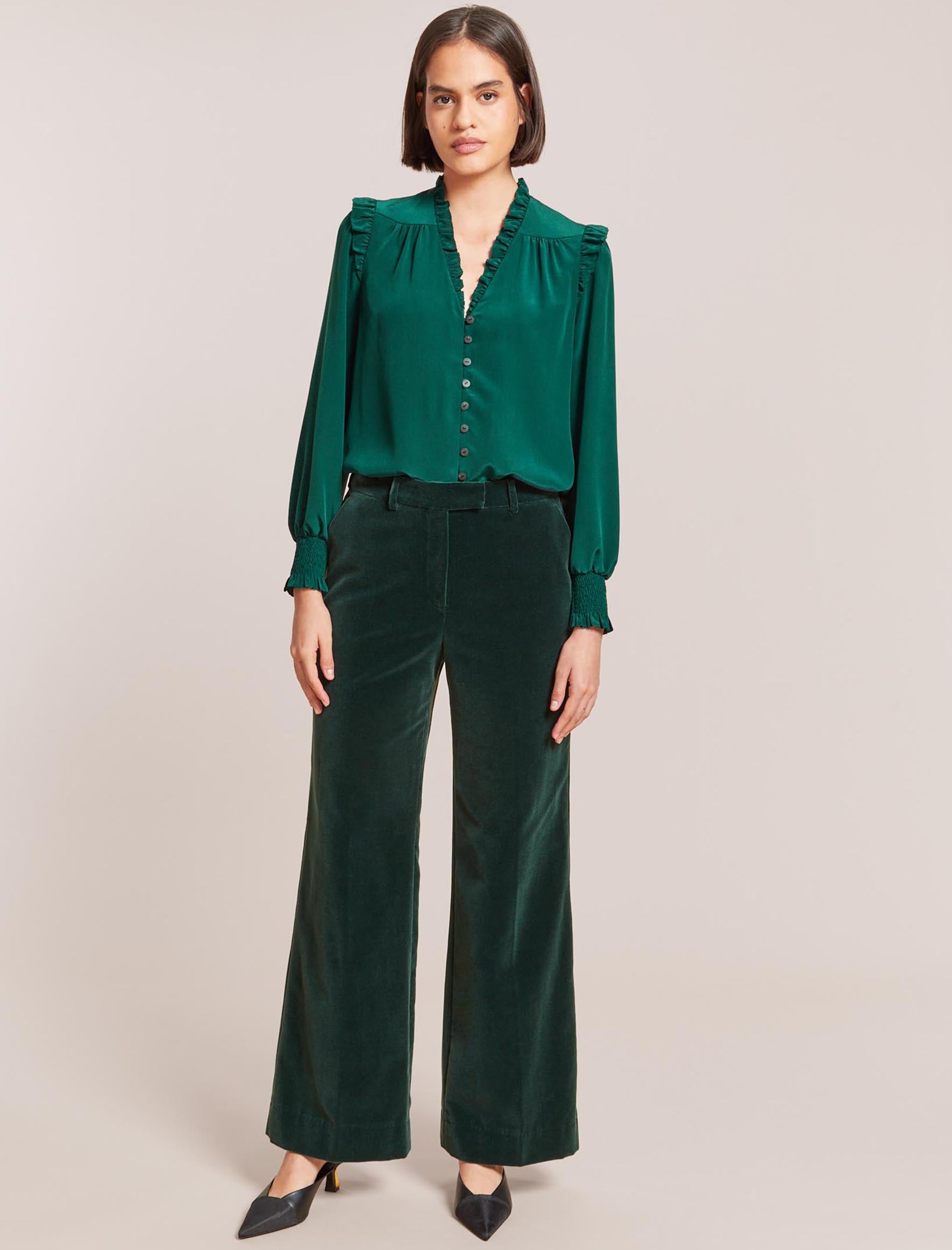 Stella Frill V Neck Long Sleeve Shirt in Dark Green