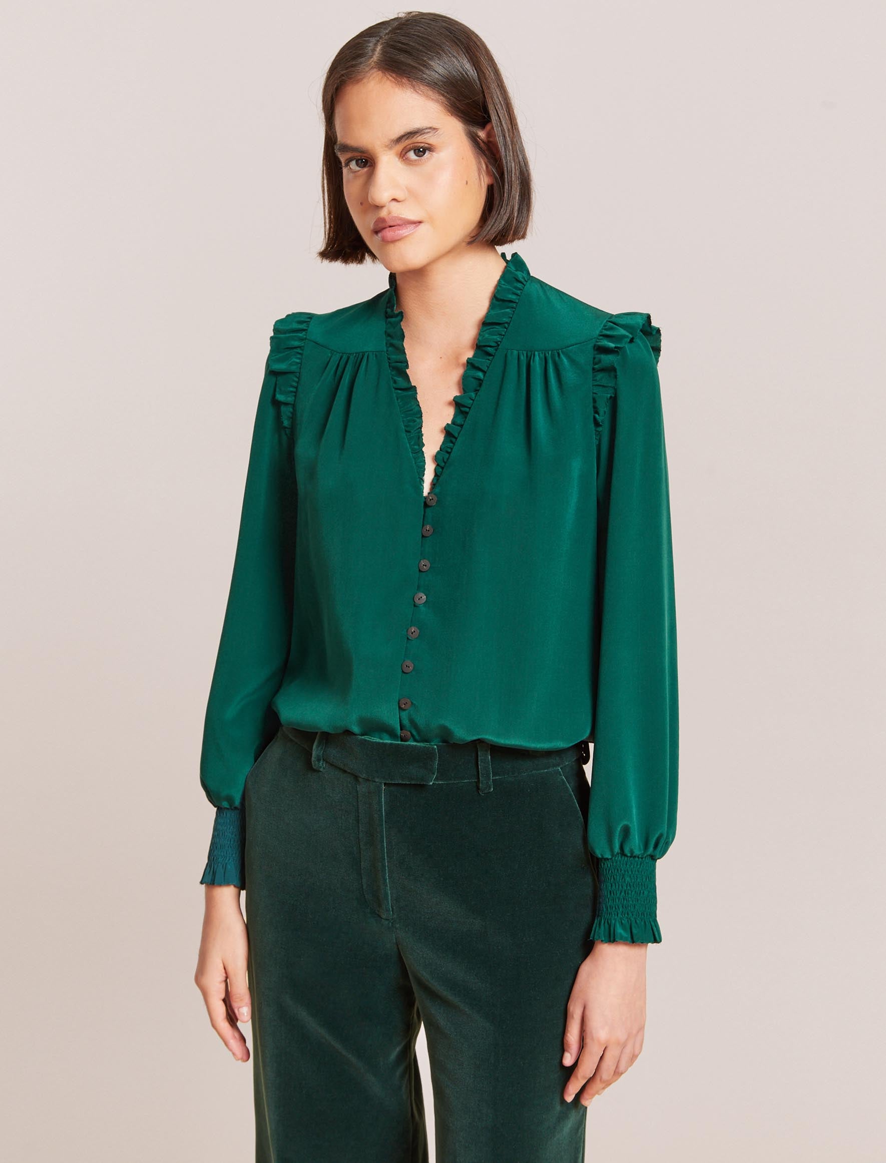 Stella Frill V Neck Long Sleeve Shirt in Dark Green