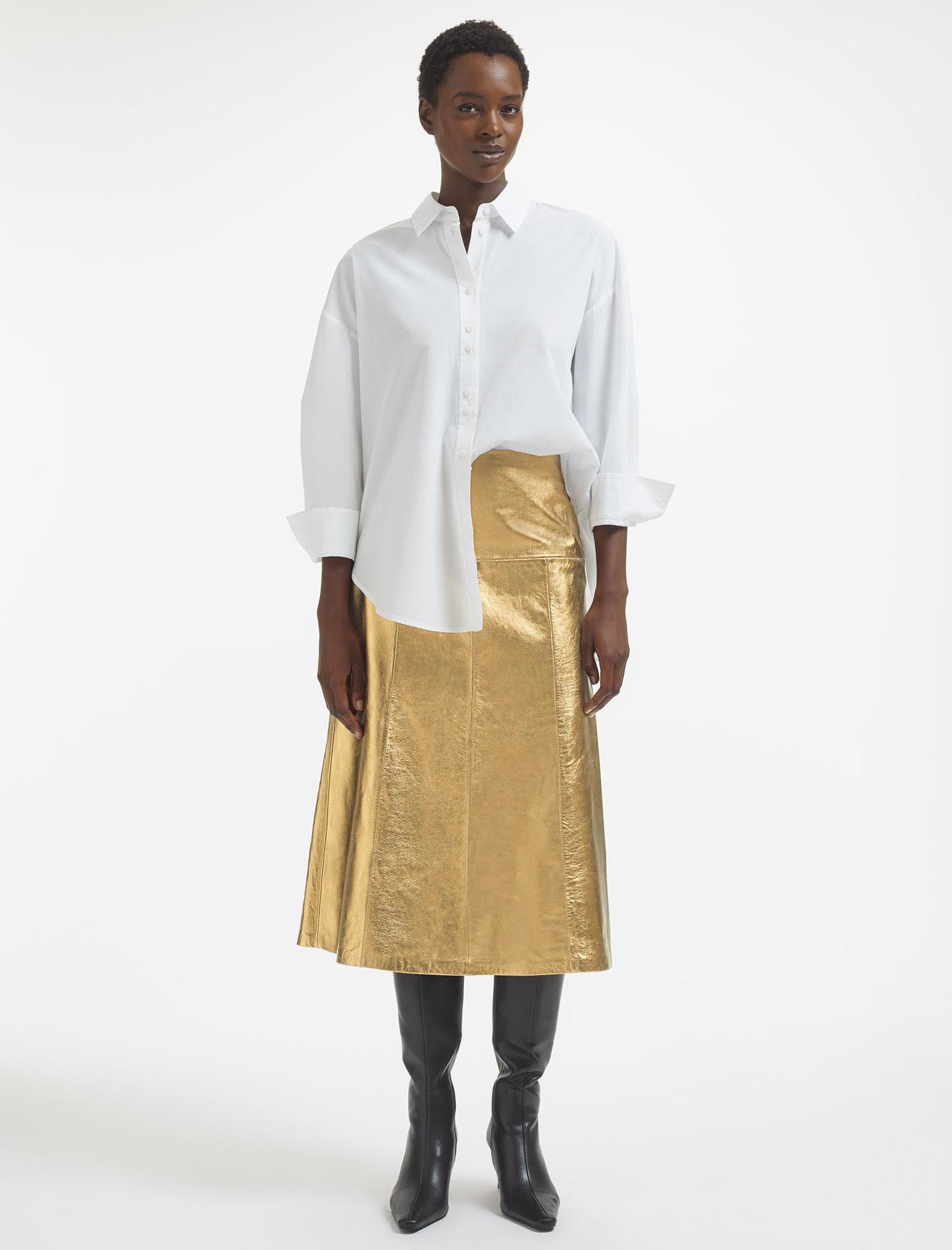 Gold silk midi skirt hotsell