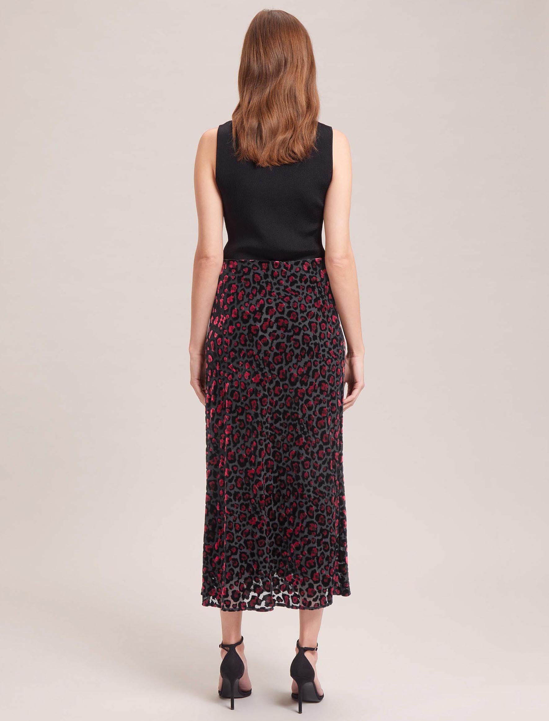 Scarlett Devoré Bias Cut Maxi Skirt with Elasticated Waist - Red Leopard  Devoré