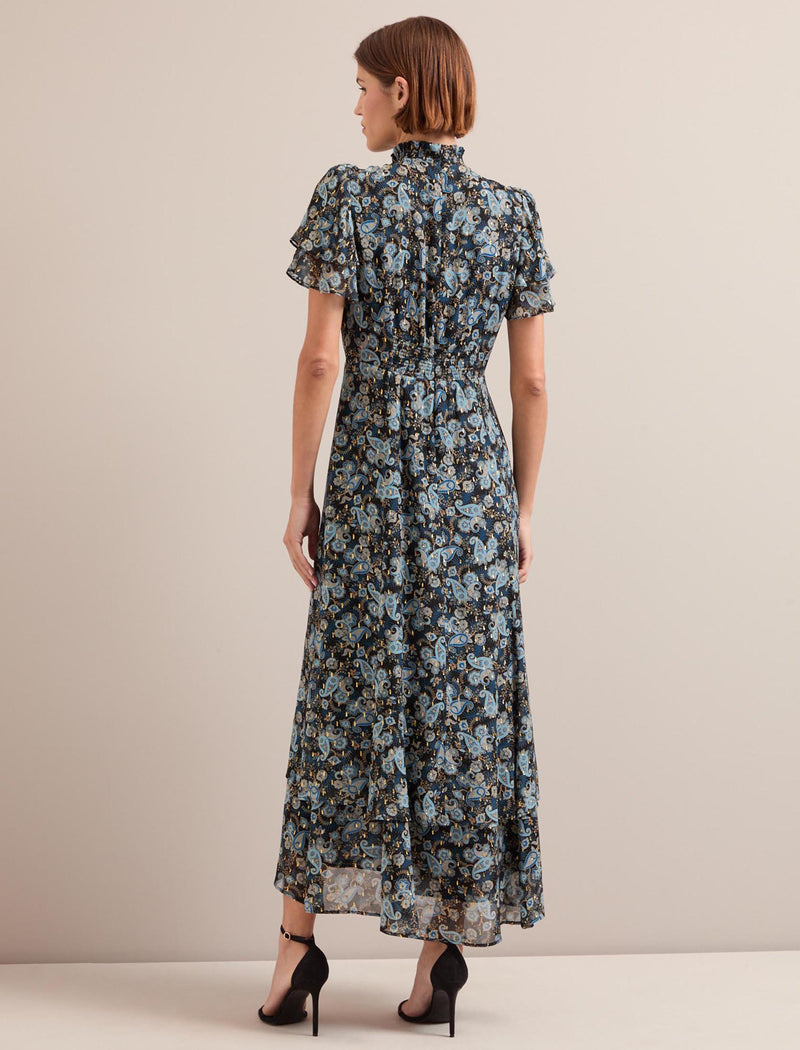 Aurelie Lurex Fil Coupé Maxi Dress - Navy Paisley Print