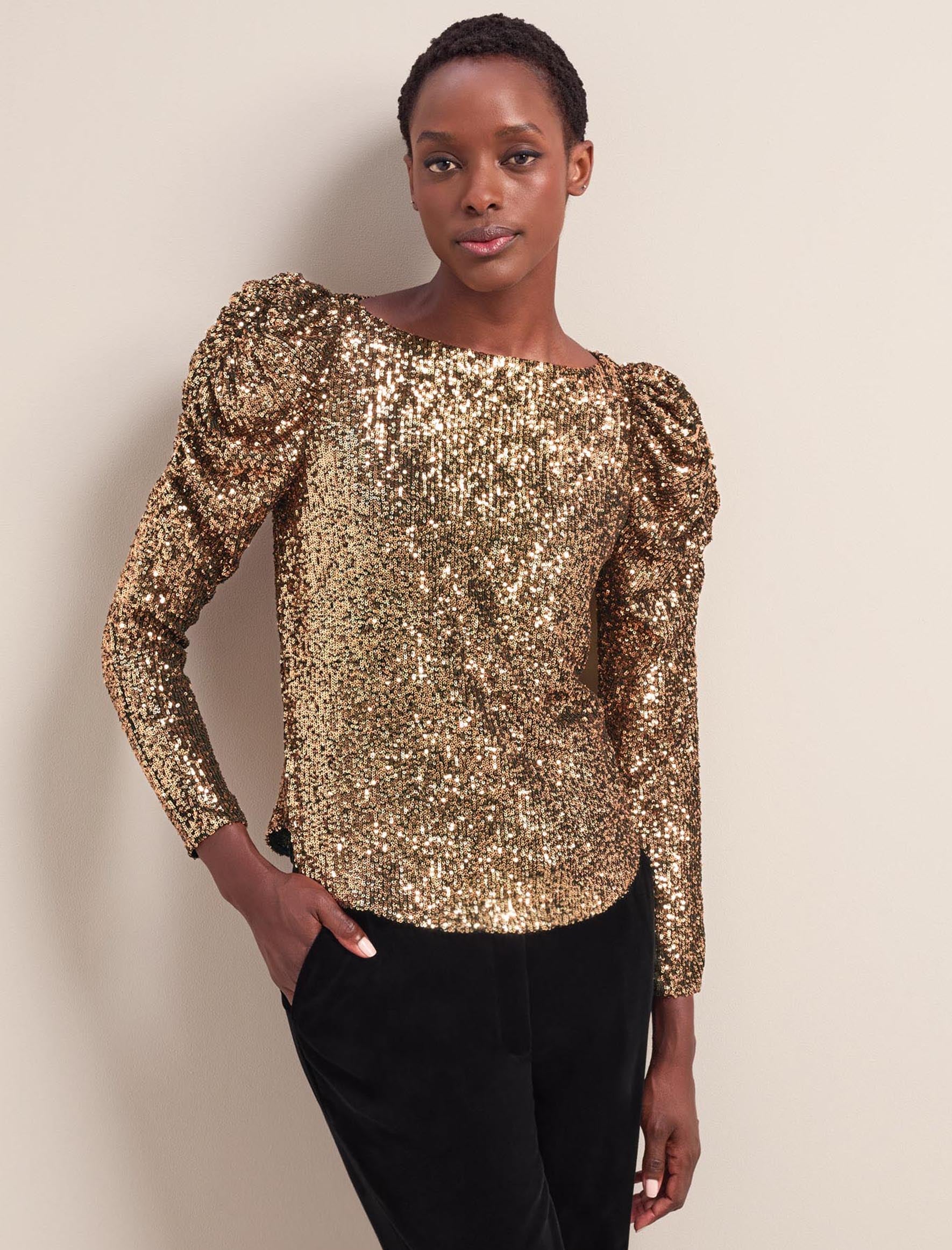 Cecile Sequin Round Neck Blouse Gold