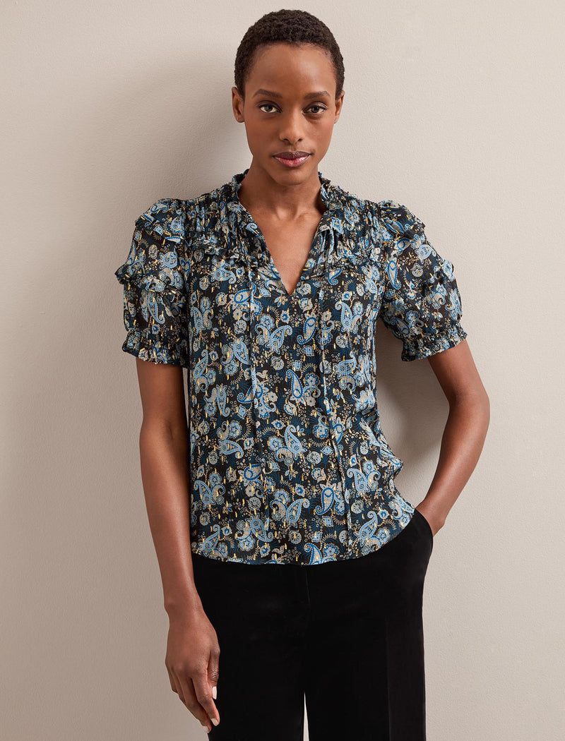 Viola Lurex Fil Coupé Blouse - Navy Paisley Print