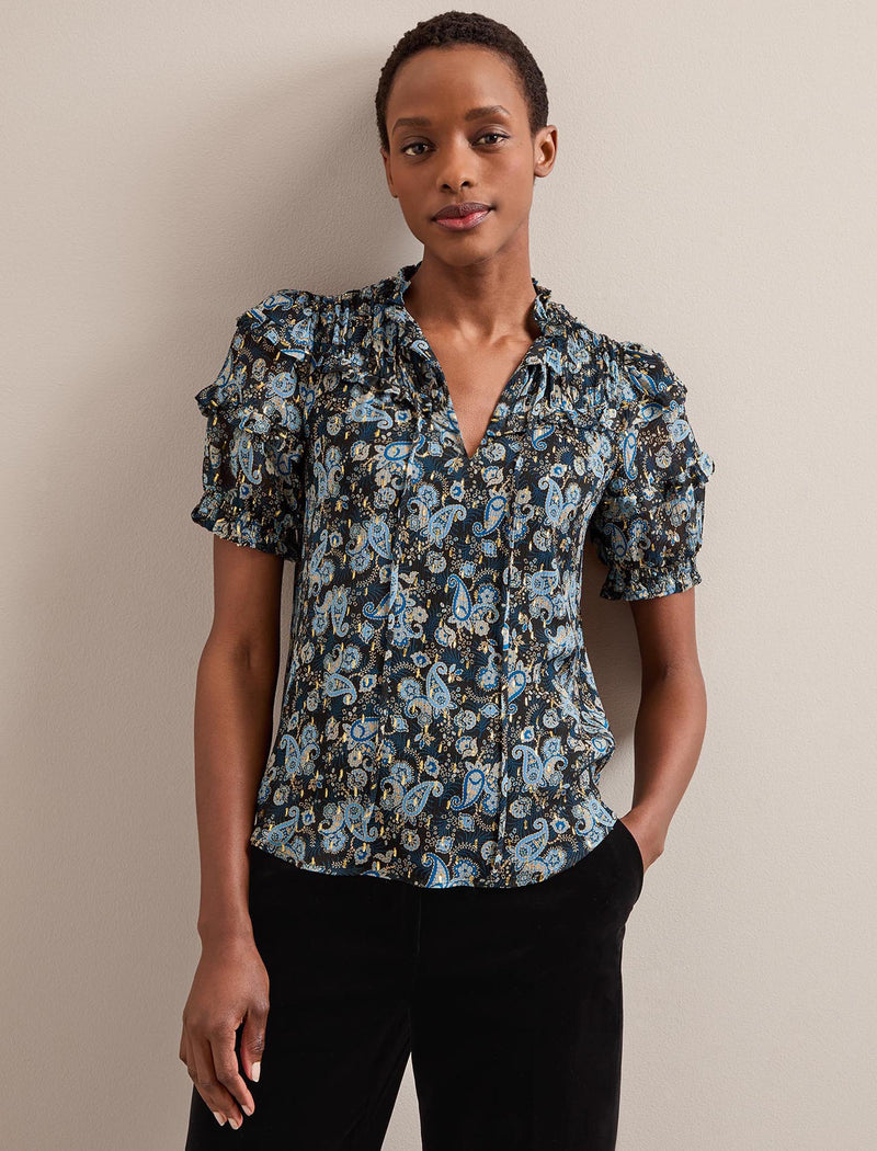 Viola Lurex Fil Coupé Blouse - Navy Paisley Print