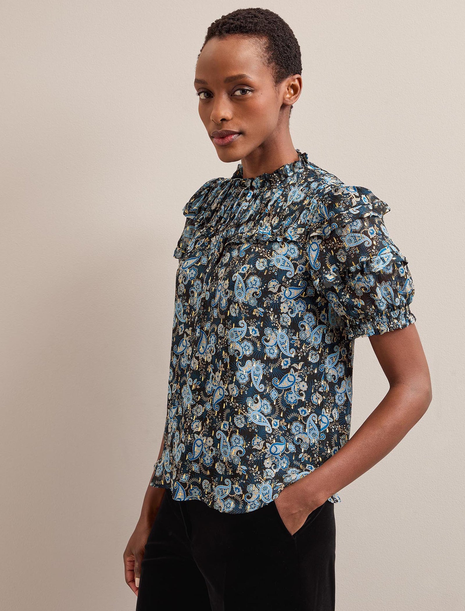 Viola Lurex Filcoupé Ruched Shoulder Detail Blouse - Navy Paisley Print