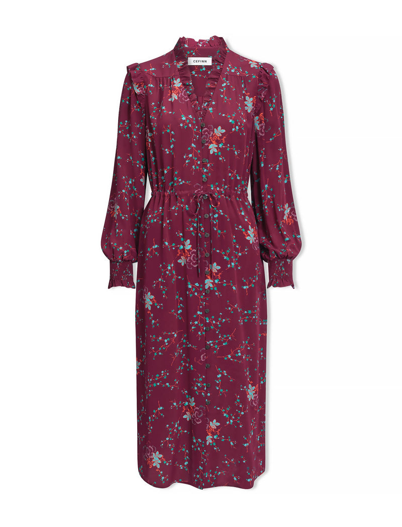 Stella Silk Midi Dress - Burgundy Lotus Print