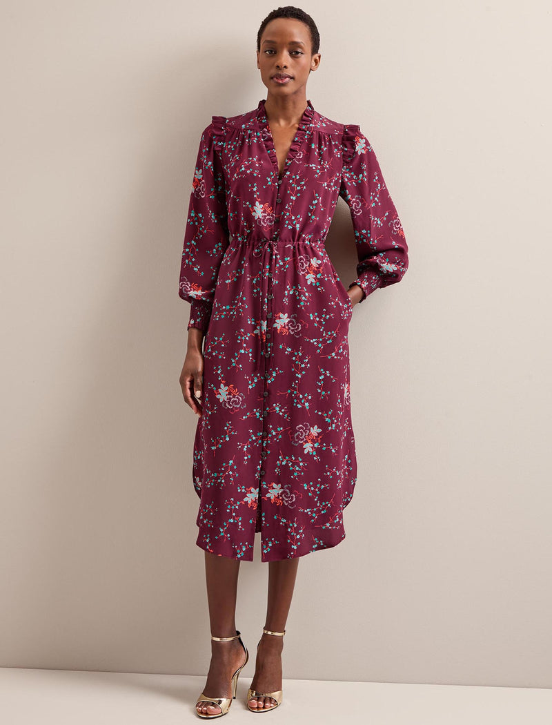 Stella Silk Midi Dress - Burgundy Lotus Print