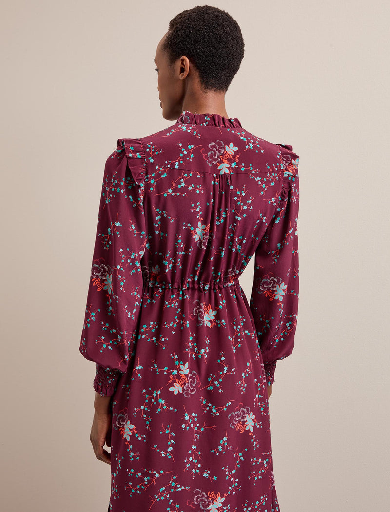 Stella Silk Midi Dress - Burgundy Lotus Print