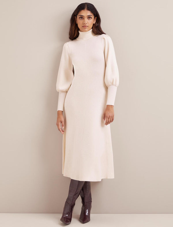 Eva Merino Wool Roll Neck Dress - Cream