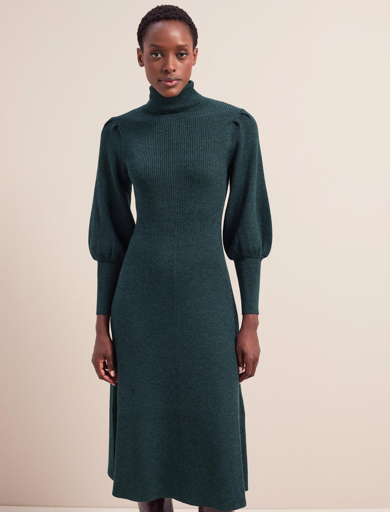 Eva Merino Wool Roll Neck Dress Dark Green