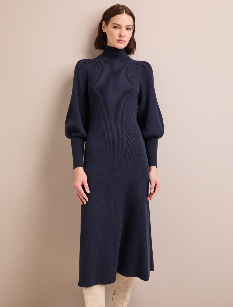 Eva Merino Wool Roll Neck Dress - Navy