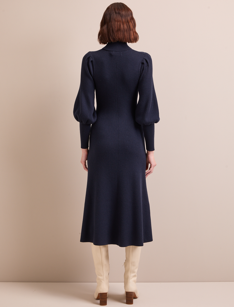 Eva Merino Wool Roll Neck Dress - Navy