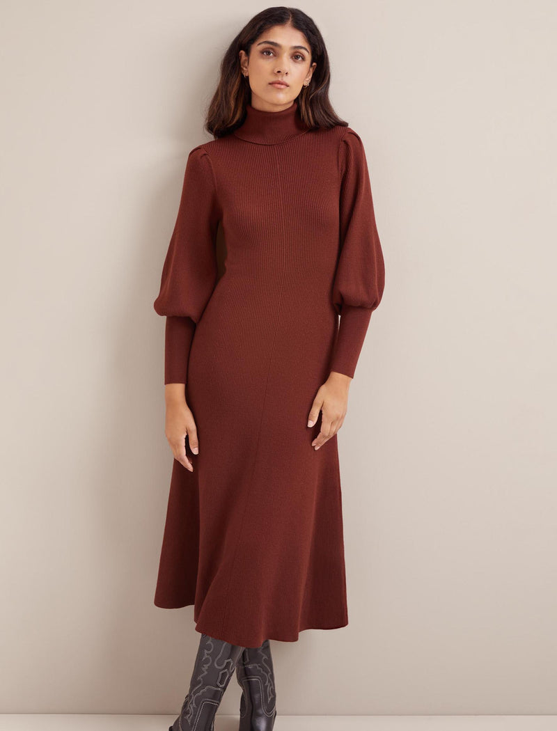 Eva Merino Wool Roll Neck Dress - Rust