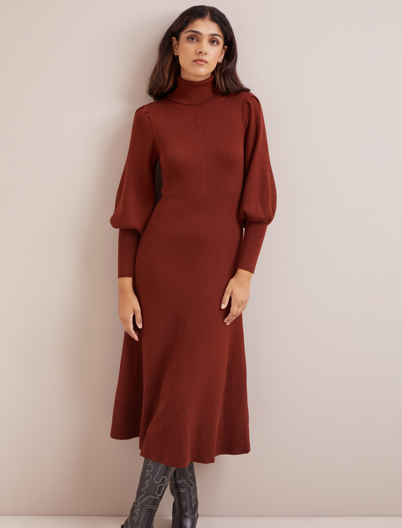 Eva Merino Wool Roll Neck Dress - Rust