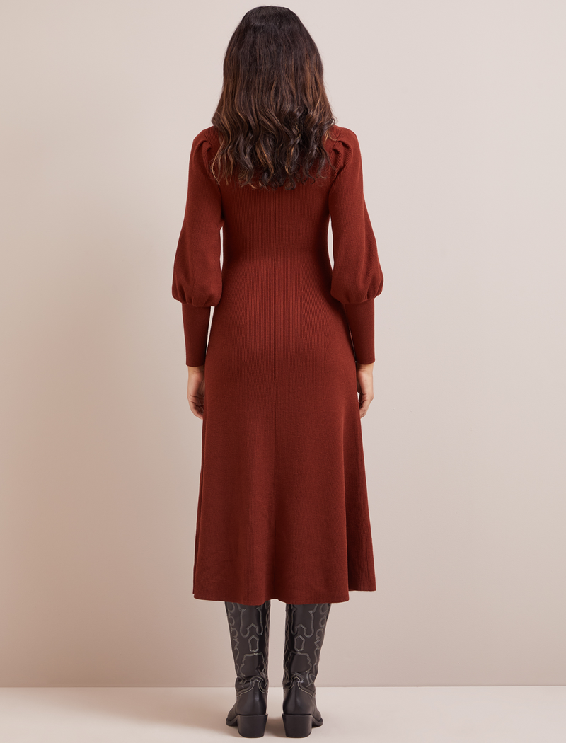 Eva Merino Wool Roll Neck Dress - Rust