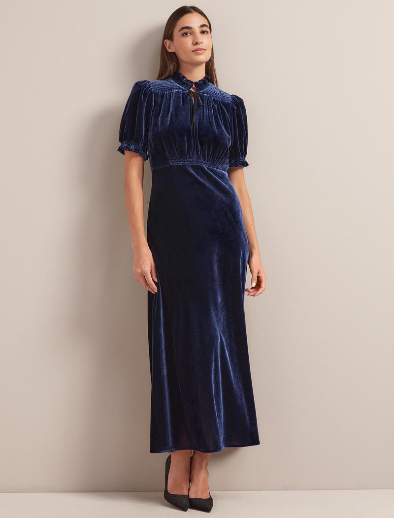 Irina Bias Cut Velvet Maxi Dress - Navy