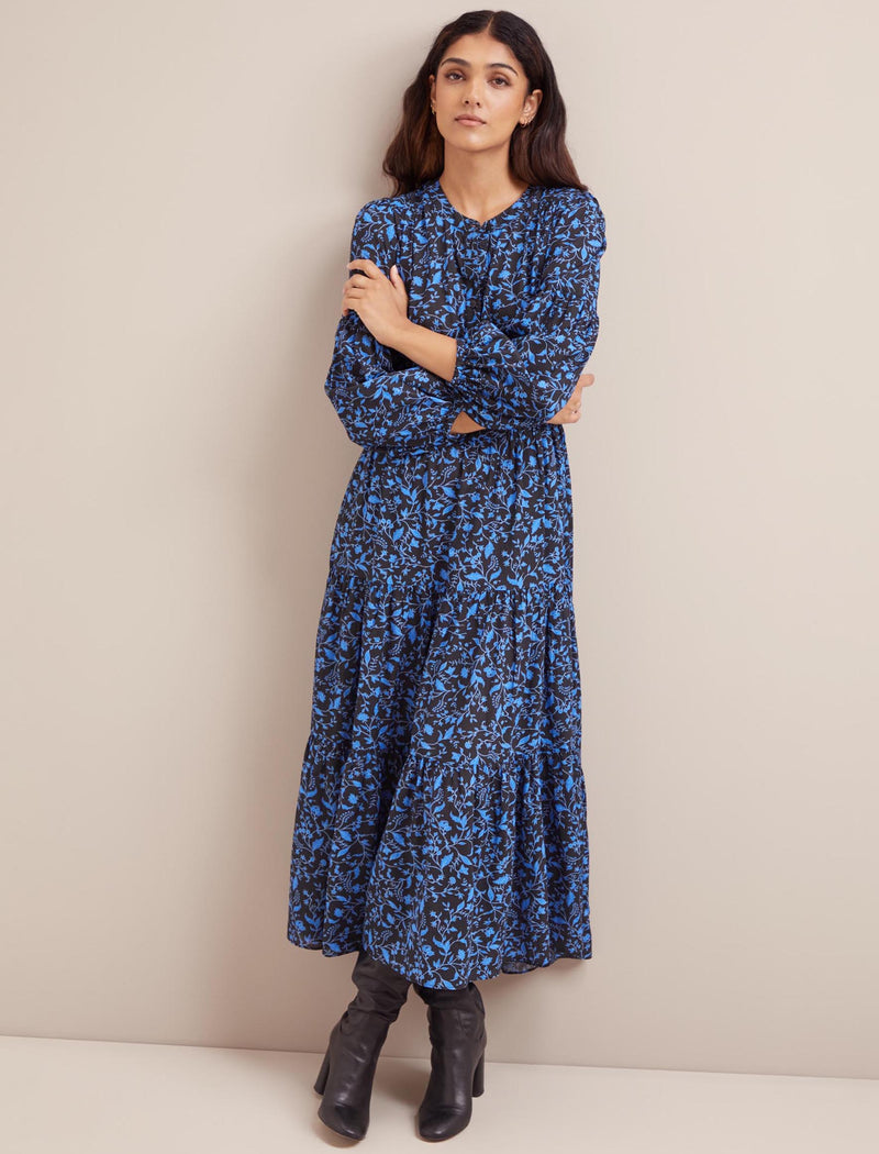 Marianne Cotton Maxi Dress - Blue Trailing Bramble Print