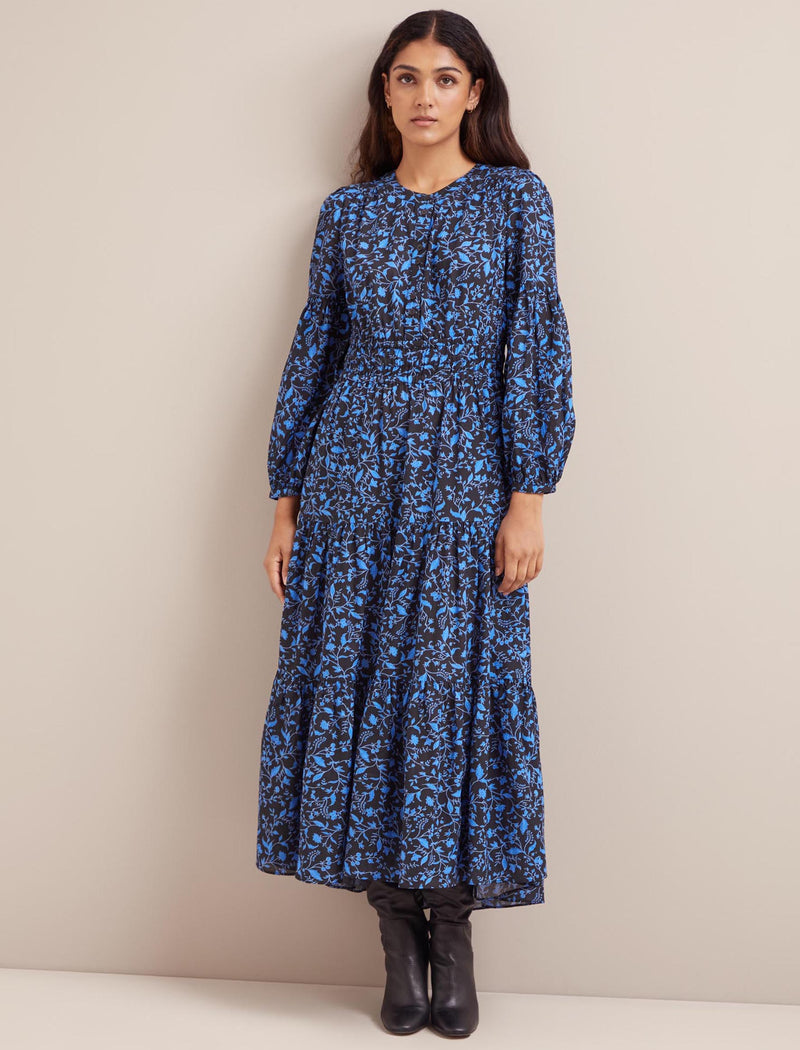 Marianne Cotton Maxi Dress - Blue Trailing Bramble Print