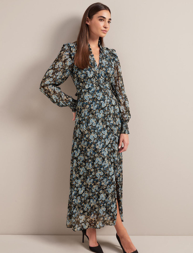 Liliana Lurex Fil Coupé Maxi Dress - Navy Paisley Print