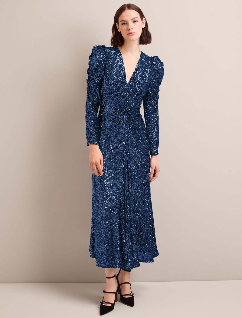 Ophelia Bias Cut Sequin Maxi Dress - Navy