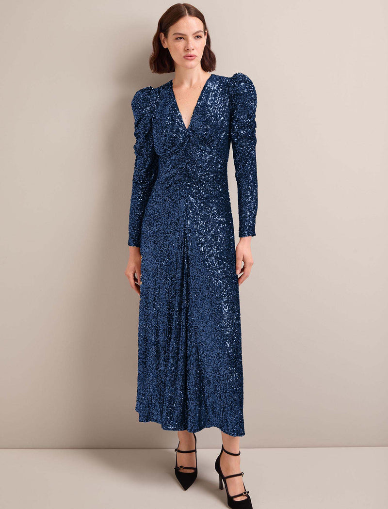 Ophelia Bias Cut Sequin Maxi Dress - Navy