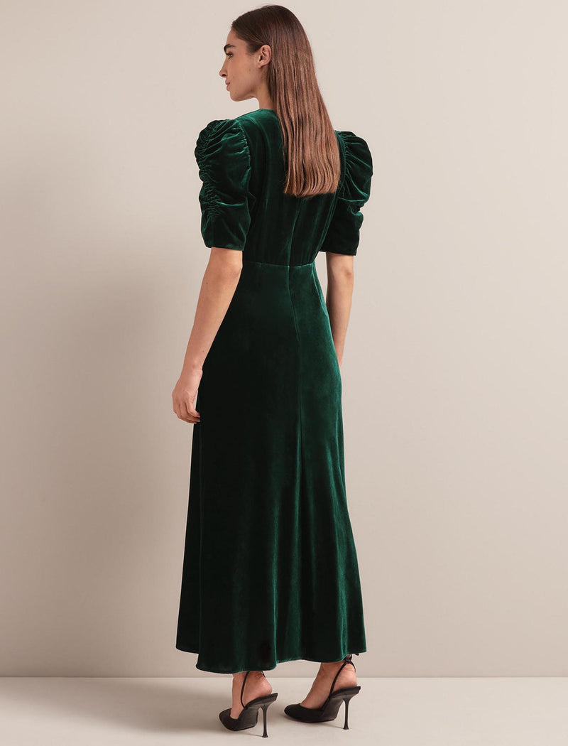 Ophelia Bias Cut Velvet Maxi Dress - Dark Green