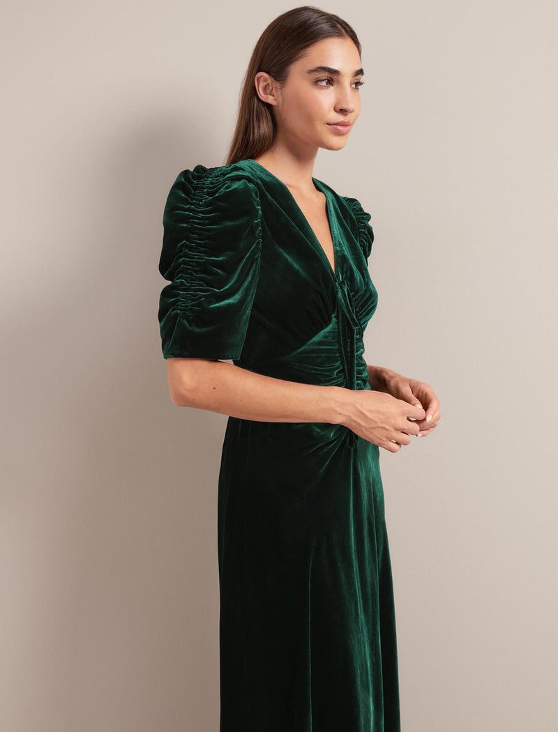 Ophelia Bias Cut Velvet Maxi Dress - Dark Green