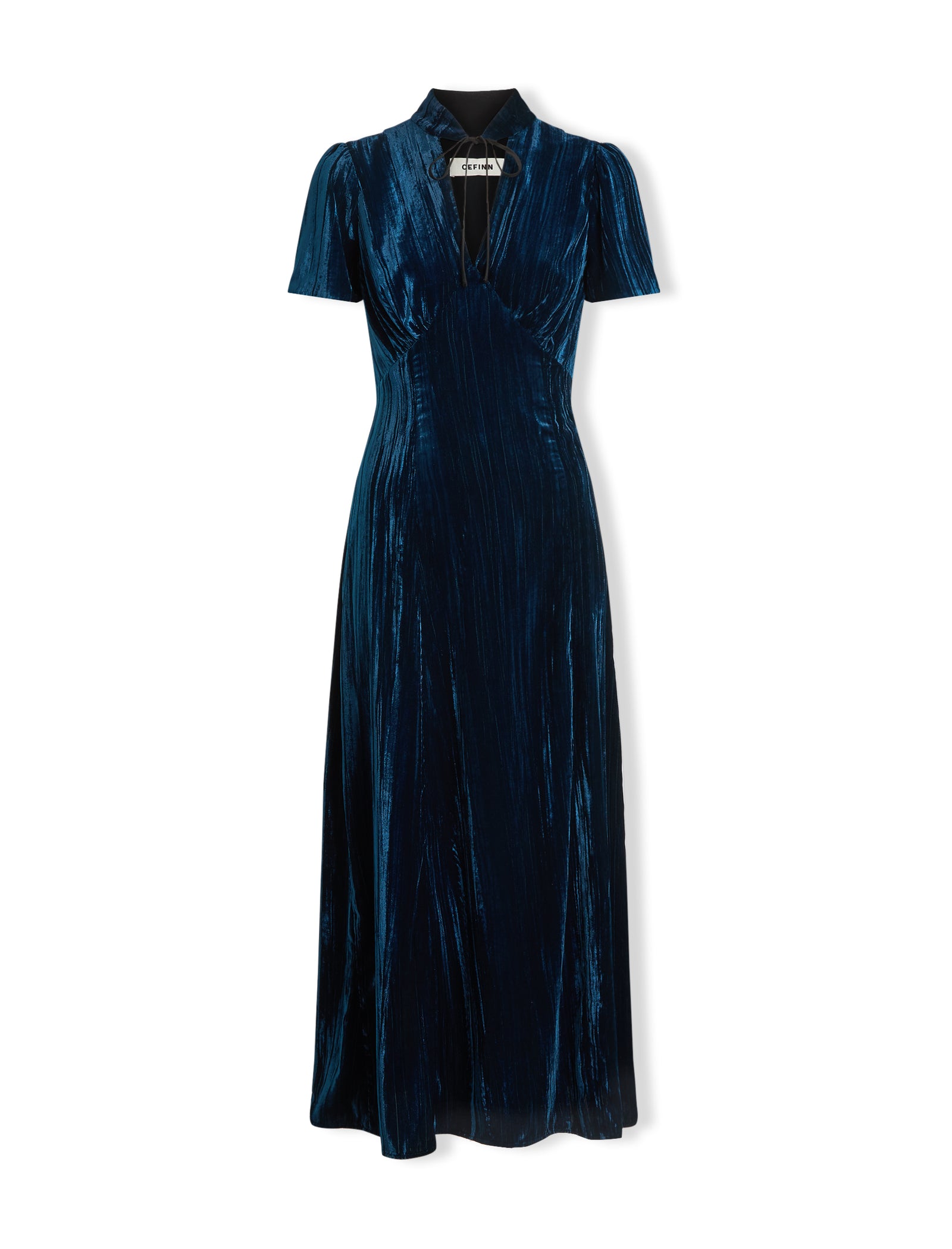 Jacquetta Plisse Velvet V Neck Bias Maxi Dress with NeckTie Detail Dark Blue