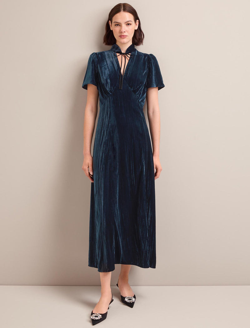 Jacquetta Plisse Velvet Bias Cut Maxi Dress - Dark Blue