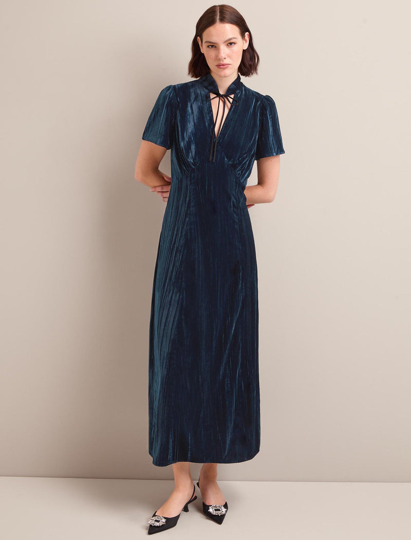 Jacquetta Plisse Velvet Bias Cut Maxi Dress - Dark Blue