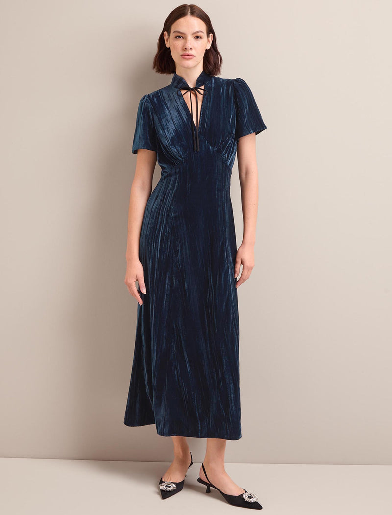 Jacquetta Plisse Velvet Bias Cut Maxi Dress - Dark Blue