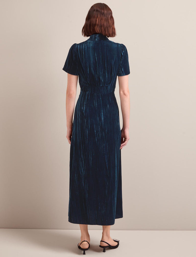 Jacquetta Plisse Velvet Bias Cut Maxi Dress - Dark Blue