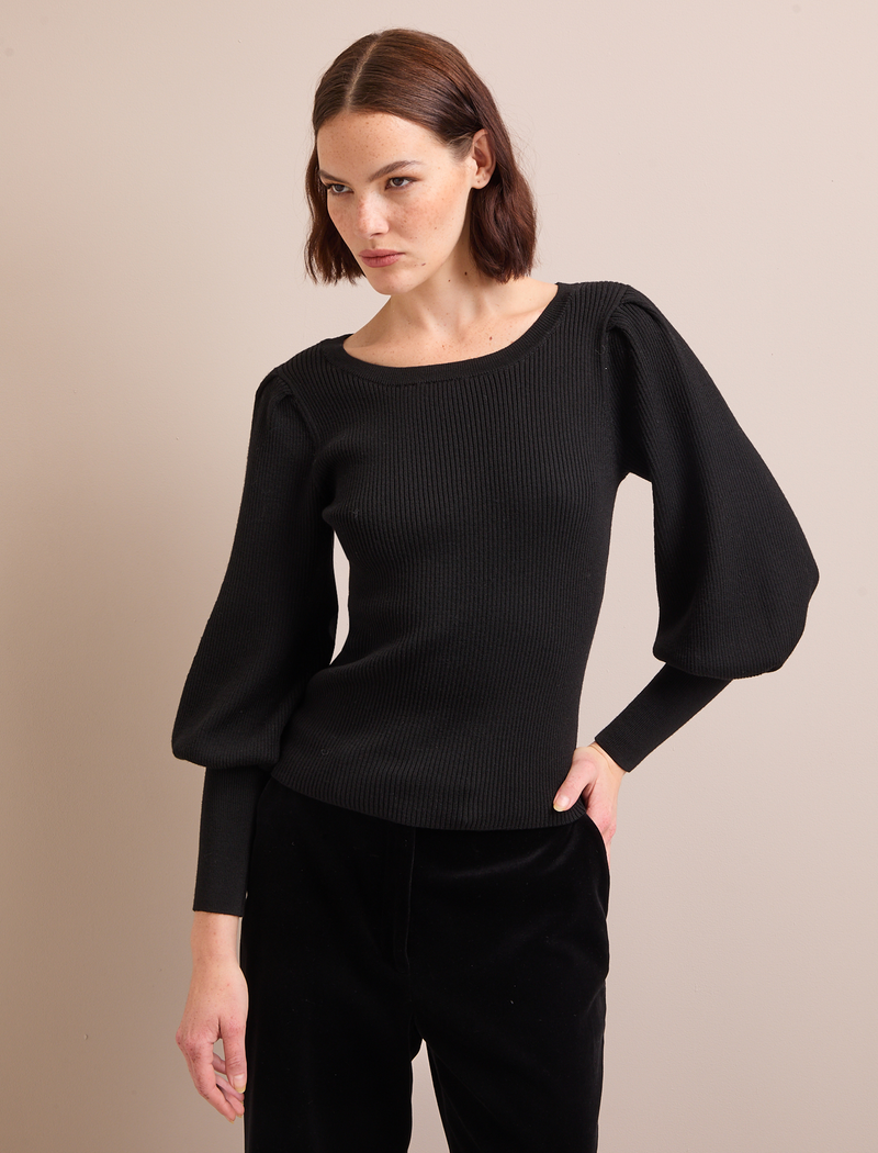 Eva Boat Neck Blouson Sleeve Jumper in Black