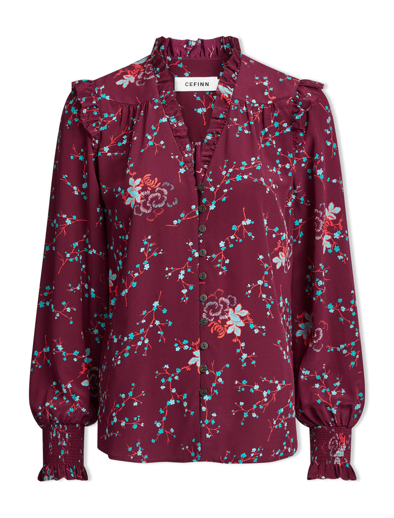 Stella Silk Shirt - Burgundy Lotus Print