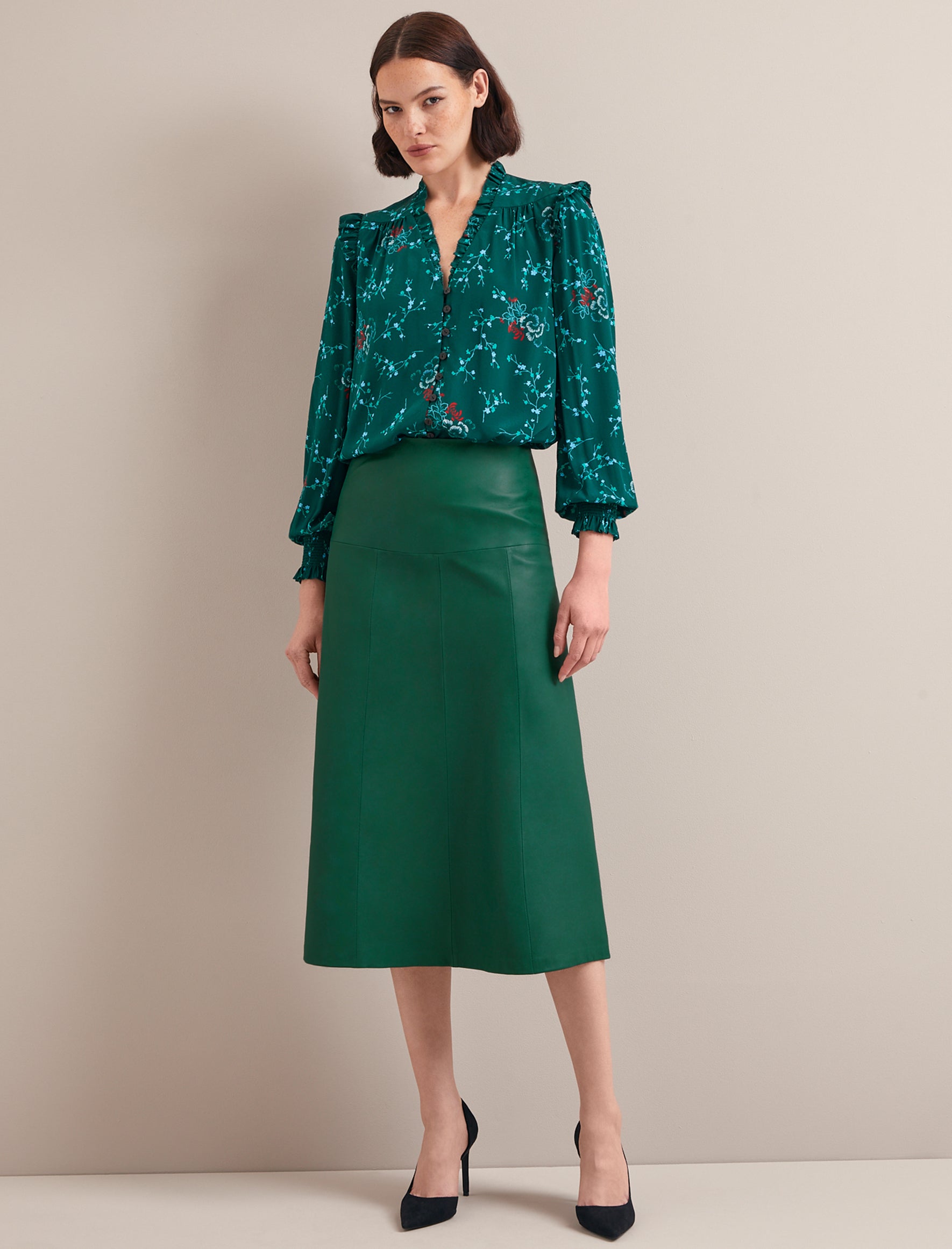 Green leather midi pencil skirt best sale