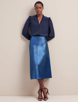 Tiana Leather Midi Skirt in Metallic Blue