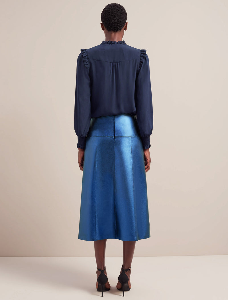 Tiana Leather Midi Skirt - Metallic Blue