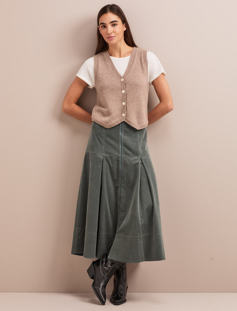 Amber A Line Corduroy Skirt - Sage Green