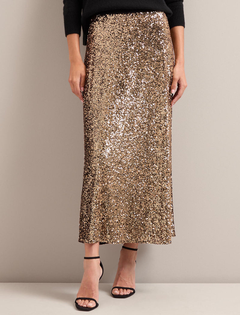 Scarlett Sequin Maxi Skirt with Elasticated Waist Gold